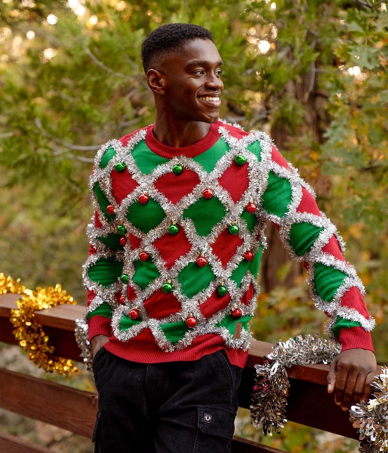 Tipsy Elves Men's Ugly Christmas Sweaters - Funny and Tacky Embellished Christmas Sweaters for Men - Red and Green Tacky Tinsel Christmas Sweater with Silver Tinsel and Ornaments Size Small - Image 5